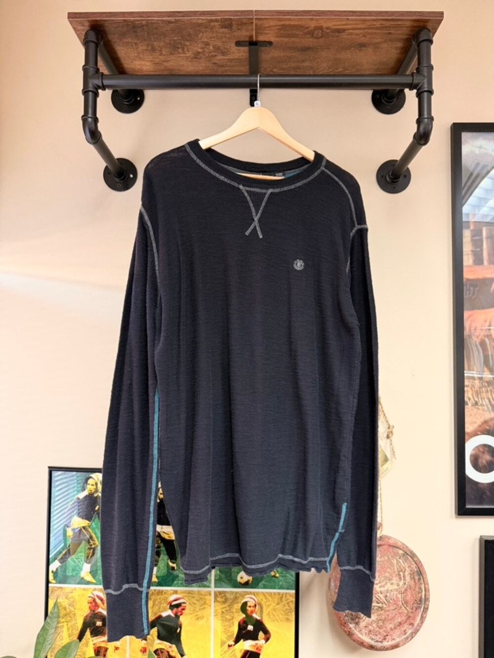 Y2K Element Black Thermal Knit Long Sleeve Tee Shirt Skate Burton Hurley